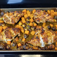 One Pan Lemon Chicken with Butternut Squash and Brussels Sprouts