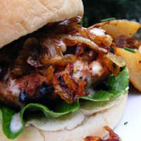 Kickin' Turkey Burger with Caramelized Onions and Spicy Sweet Mayo